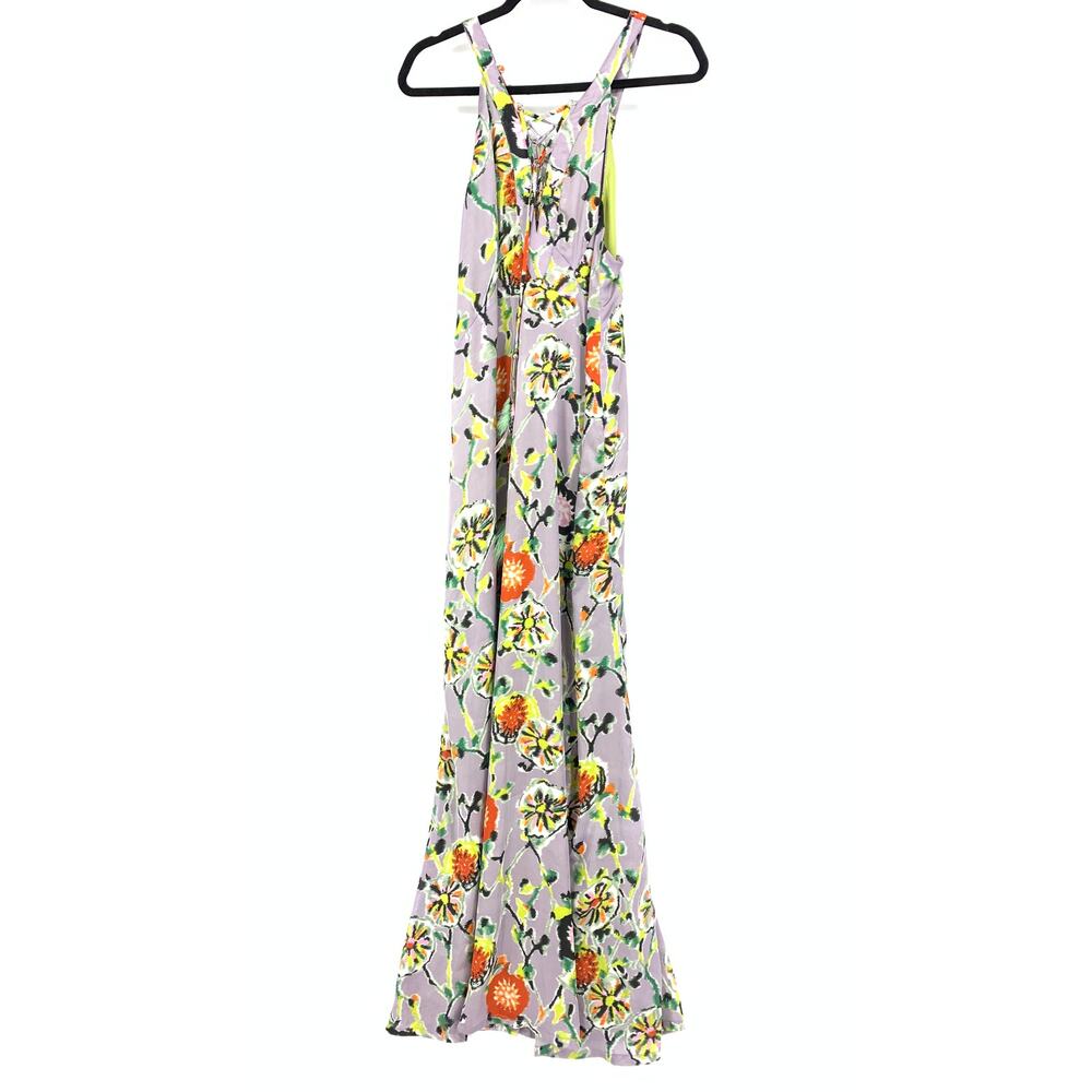 Meghan Maxi Dress Women's Size Medium Floral Print Lace Up Front +Back Gray NEW